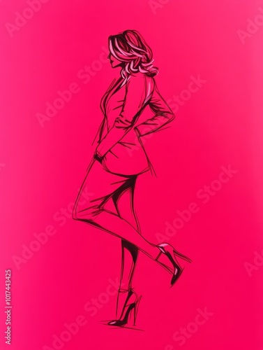 A single-line pencil drawing of a confident businesswoman standing in a power pose, symbolizing strength, ambition, success, and elegance.