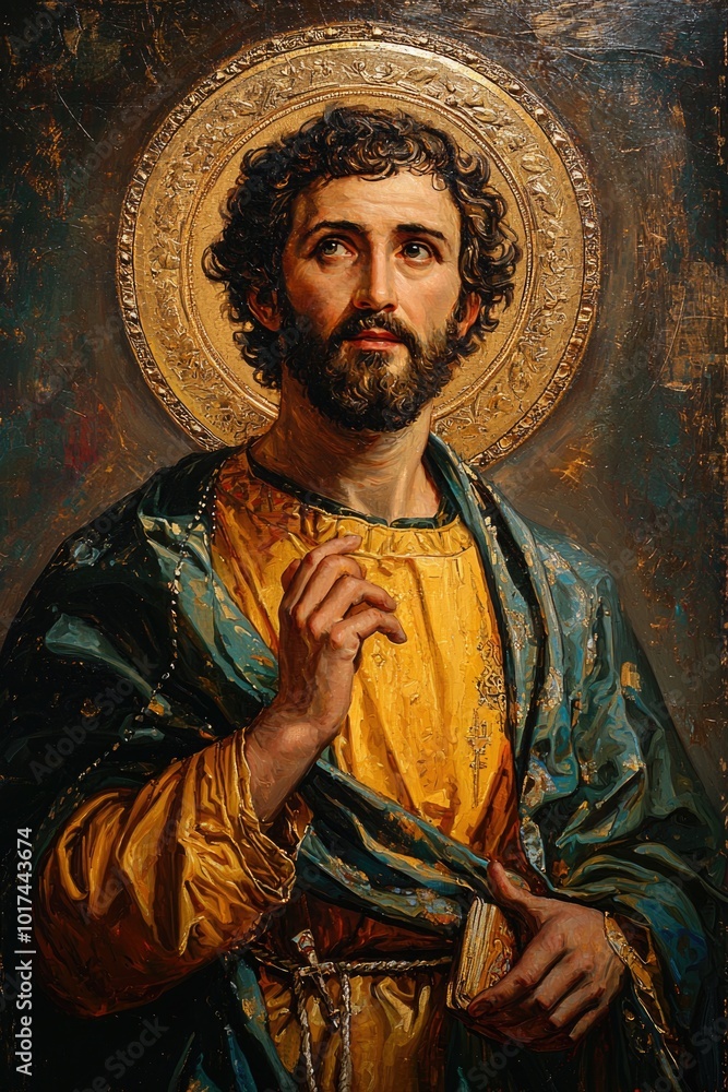 Naklejka premium St. Joseph's Day portrait: capturing essence of Joseph, father of Jesus Christ, in reverent depiction highlighting his role as devoted, guiding figure in Christian tradition