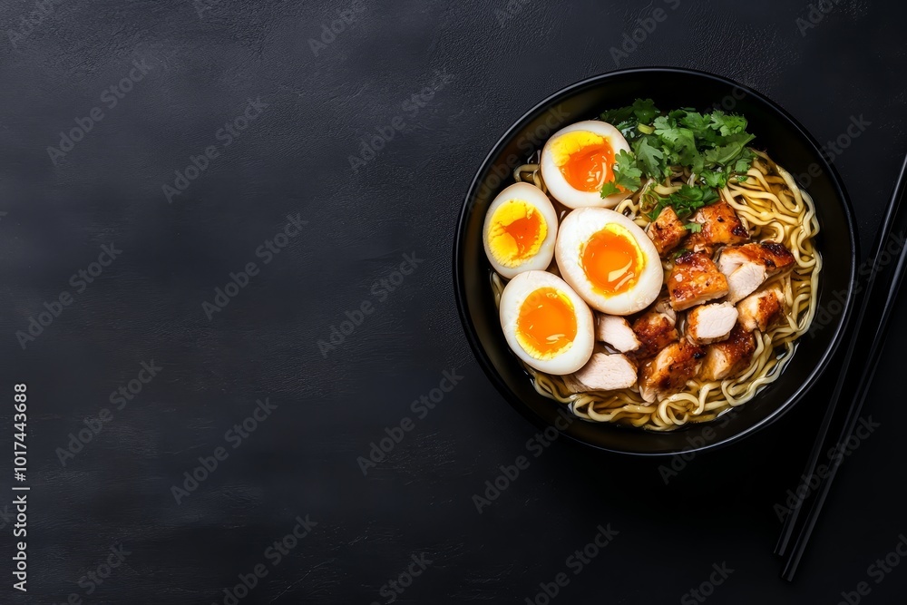 A tempting bowl of ramen noodles topped with tender chicken, soft boiled eggs, and fresh herbs. The rich broth and savory flavors make this a satisfying and flavorful meal. A tempting bowl of ramen noodles topped with tender chicken, soft boiled eggs, and fresh herbs. The rich broth and savory flavors make this a satisfying and flavorful meal.