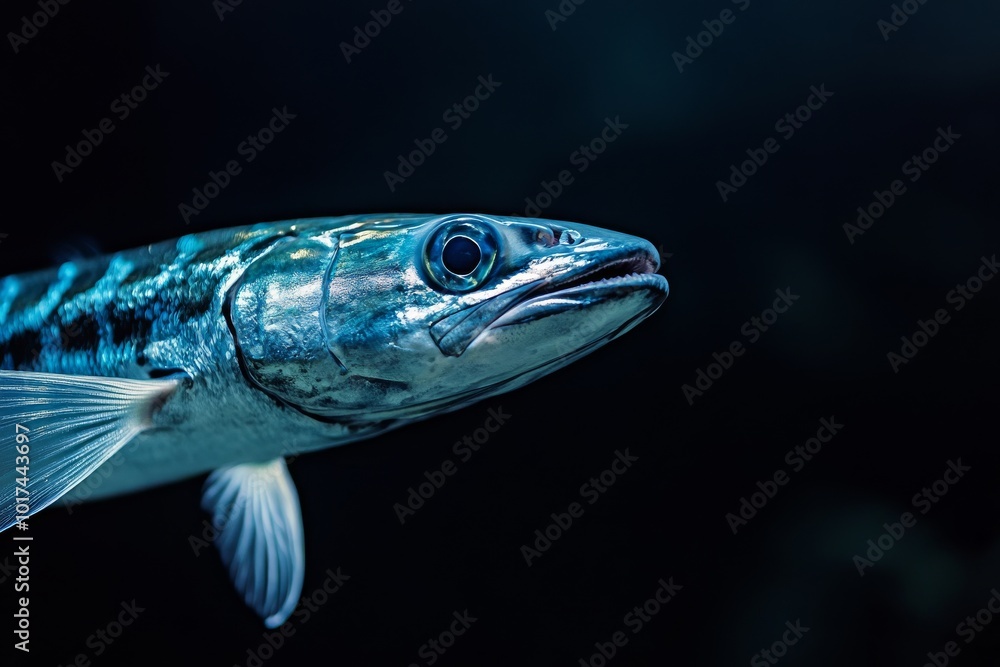 Fototapeta premium the beside view Great Barracuda, left side view, white copy space on right, Isolated on black Background