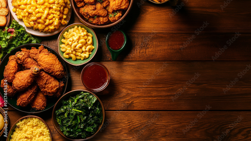 A table overflowing with soul food favorites like fried chicken, macaroni and cheese, collard greens, and cornbread, perfect for a family gathering. A table overflowing with soul food favorites like fried chicken, macaroni and cheese, collard greens, and cornbread, perfect for a family gathering.