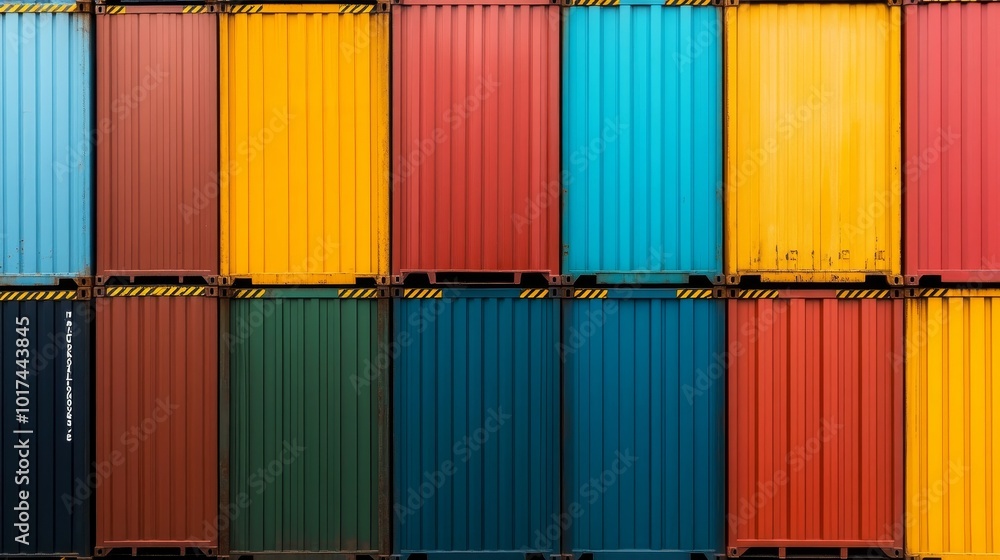 A vibrant aerial view of a wall of shipping containers stacked high, showcasing a colorful array of hues representing the global reach of trade and logistics. A vibrant aerial view of a wall of shipping containers stacked high, showcasing a colorful array of hues representing the global reach of trade and logistics.