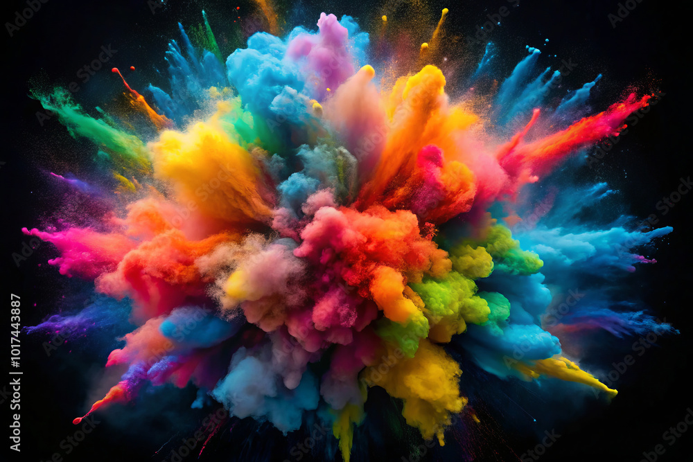 Obraz premium Vivid explosion of colorful powder paint creates stunning visual display, showcasing vibrant mix of primary colors in dynamic cloud formation