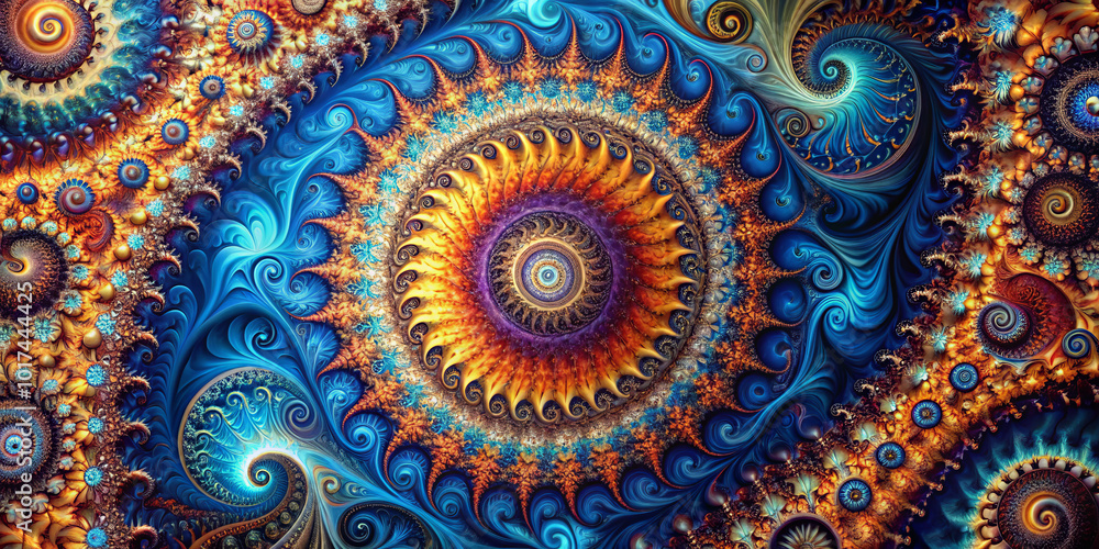 Vibrant abstract digital art featuring intricate fractal patterns in blue, orange, and gold hues. mesmerizing design evokes sense of wonder and creativity Vibrant abstract digital art featuring intricate fractal patterns in blue, orange, and gold hues. mesmerizing design evokes sense of wonder and creativity