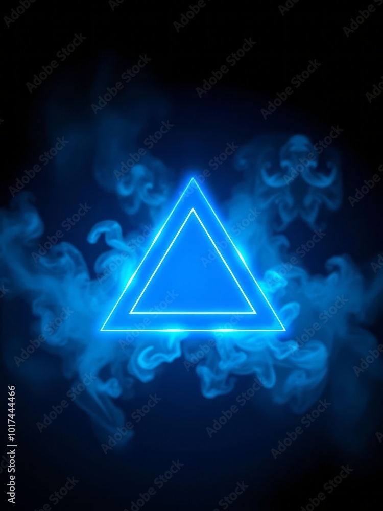 Neon blue color geometric triangle on a dark background mystical portal ...