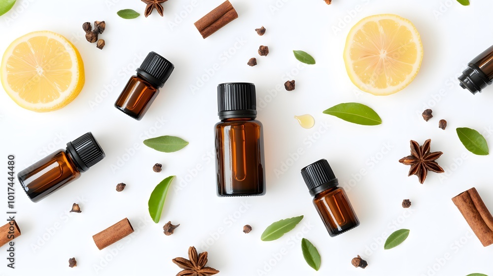 A vibrant arrangement of essential oil bottles surrounded by citrus slices, herbs, and spices, highlighting natural aromas and wellness. A vibrant arrangement of essential oil bottles surrounded by citrus slices, herbs, and spices, highlighting natural aromas and wellness.
