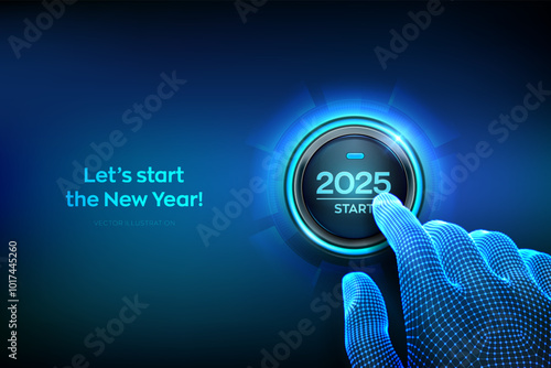 2025 start. Finger about to press a button with the text 2025 start. Happy new year. New Year two thousand and twenty five is coming concept. Vector illustration.