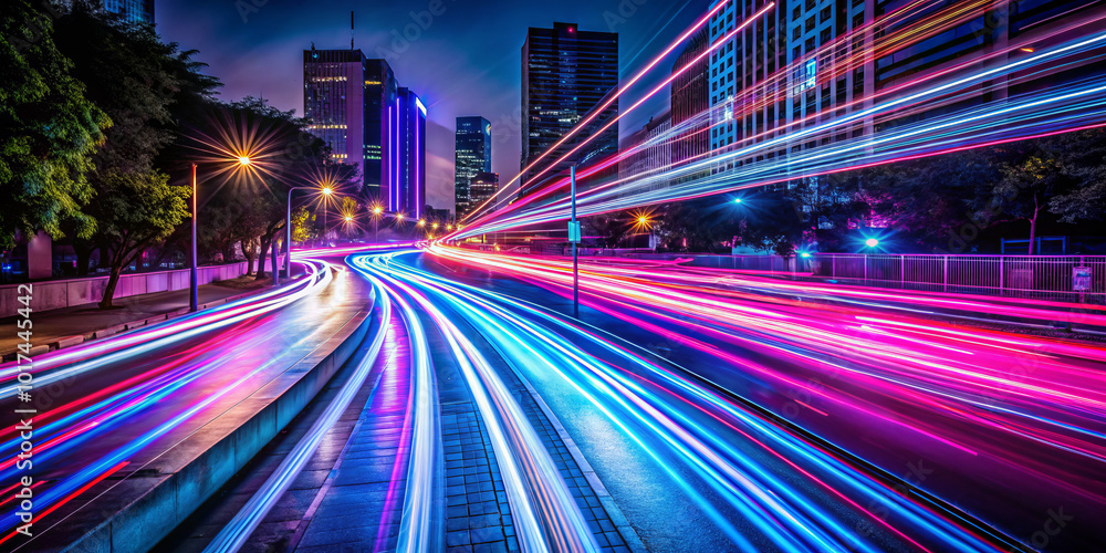Fototapeta premium Vibrant neon light trails illuminate cityscape at night, showcasing dynamic movement and energy. long exposure captures essence of urban life and technology