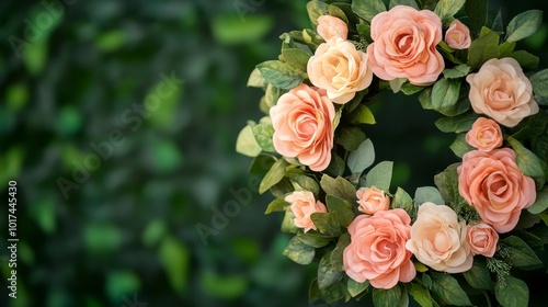 Delicate peach roses intertwined with lush greenery create a beautiful floral wreath, symbolizing love, beauty, nature, and new beginnings.