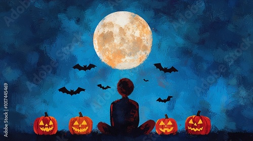 Halloween Night with Bats and Pumpkins in Moonlight