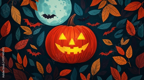Colorful Halloween Pumpkin with Full Moon and Bats