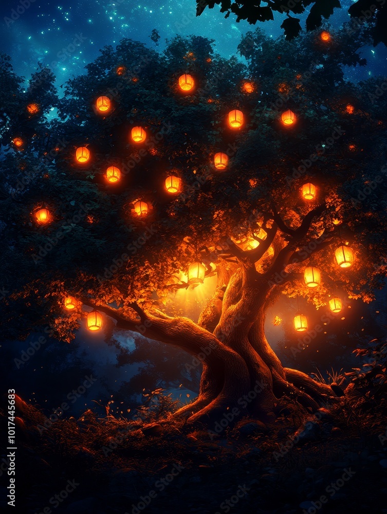 Enchanting Tree with Glowing Lanterns, a magical night scene with a tree adorned with lanterns, symbolizing hope, light, dreams, guidance, and wonder. Enchanting Tree with Glowing Lanterns, a magical night scene with a tree adorned with lanterns, symbolizing hope, light, dreams, guidance, and wonder.