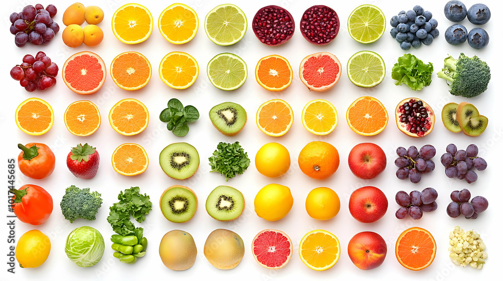Fresh Sliced Fruits and Vegetables Arranged Neatly on a White Background Fresh Sliced Fruits and Vegetables Arranged Neatly on a White Background
