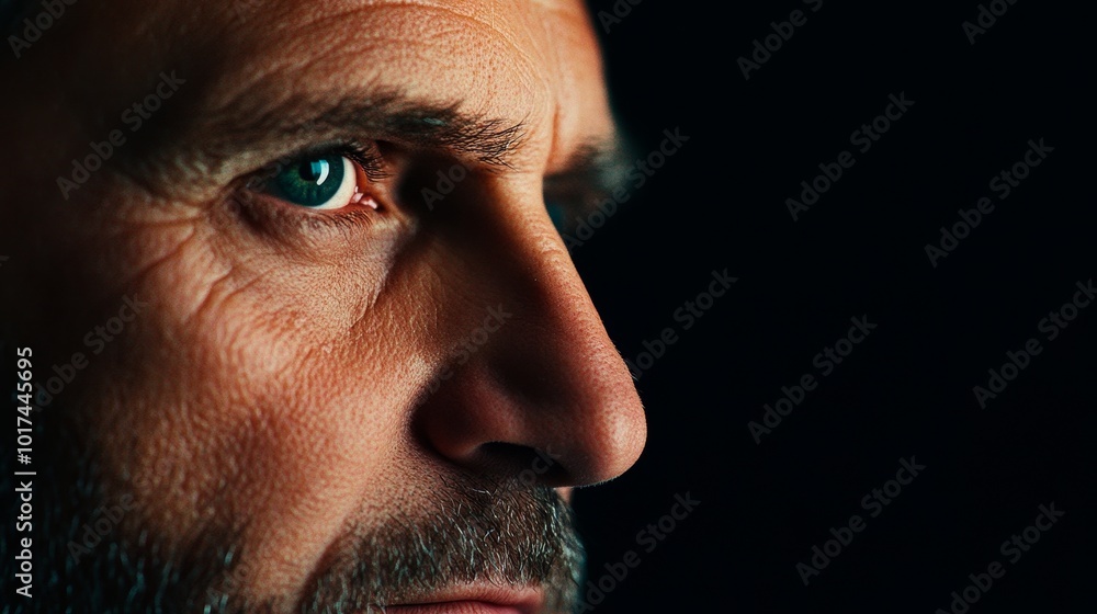 Obraz premium Focused Gaze: A Man's Determined Expression, capturing intensity, focus, willpower, purpose, and maturity through his piercing gaze.