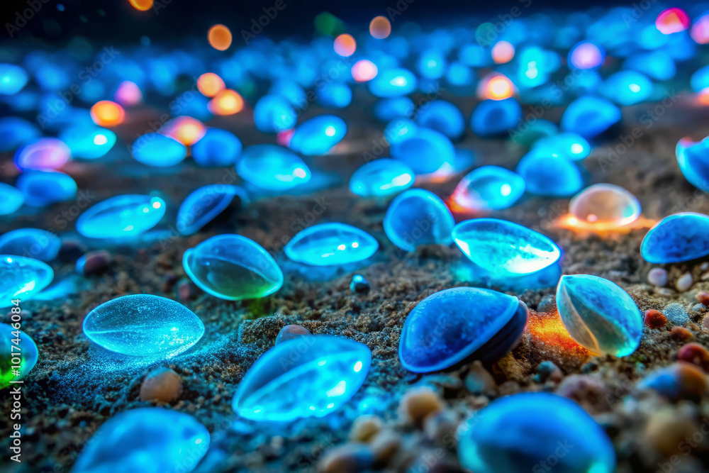 Vibrant bioluminescent marine ostracods illuminate sandy ocean floor, creating mesmerizing display of colors. This enchanting scene showcases beauty of marine life Vibrant bioluminescent marine ostracods illuminate sandy ocean floor, creating mesmerizing display of colors. This enchanting scene showcases beauty of marine life