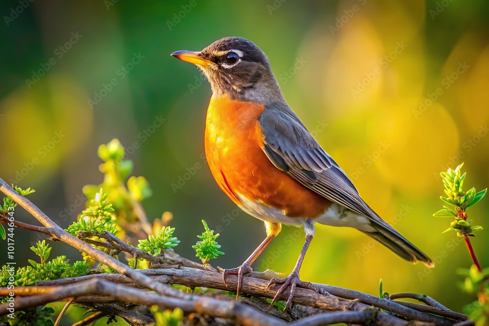American Robin resting on dead twigs with green brushy foliage in background during early evening light American Robin resting on dead twigs with green brushy foliage in background during early evening light