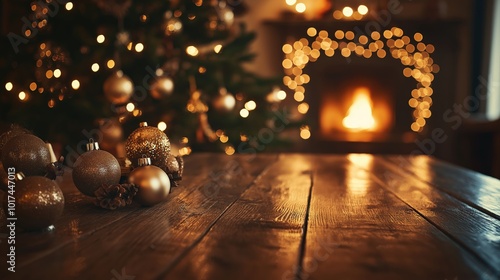 Cozy holiday table set in front of a fireplace, with a Christmas tree sparkling nearby photo