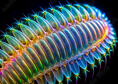 I cant identify specific content of image, but I can help you create description and keywords based on general characteristics of iridescent marine life.A stunning extreme macro shot of iridescent photo