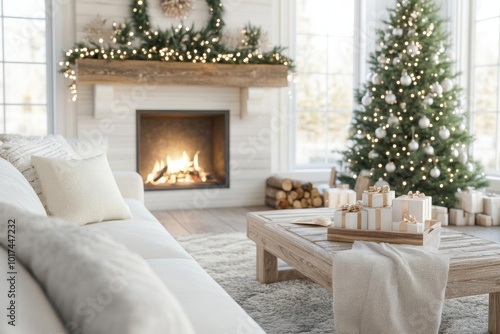 Cozy living room with a Christmas tree, warm fireplace, and festive decorations, perfect for holiday celebrations and winter gatherings.