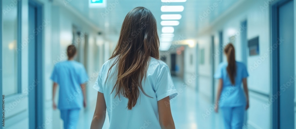 Obraz premium Three medical professionals walking down a hospital hallway.