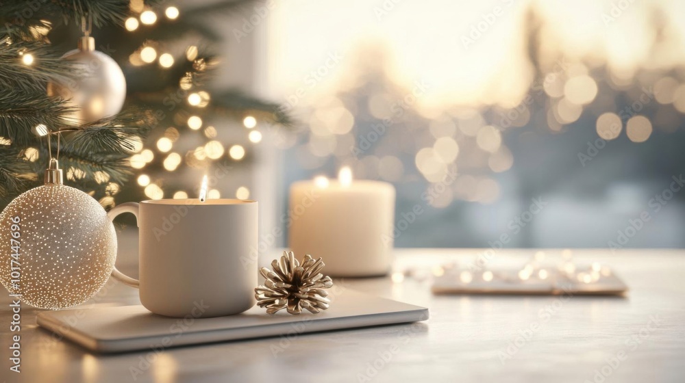 A cozy Christmas scene featuring candles, a steaming mug, and festive decorations that evoke warmth and holiday spirit. A cozy Christmas scene featuring candles, a steaming mug, and festive decorations that evoke warmth and holiday spirit.