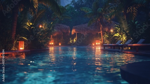 Luxurious tropical pool at night with glowing lights photo