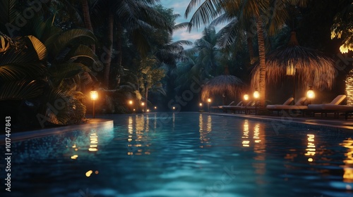 Luxurious tropical pool at night with glowing lights photo