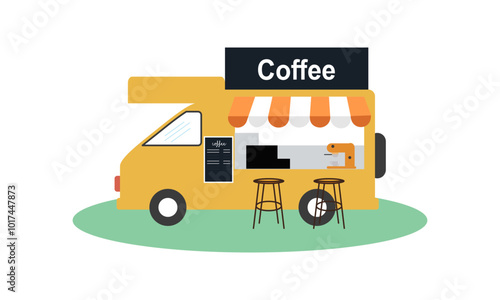 Mobile coffee shop in food truck vector illustration