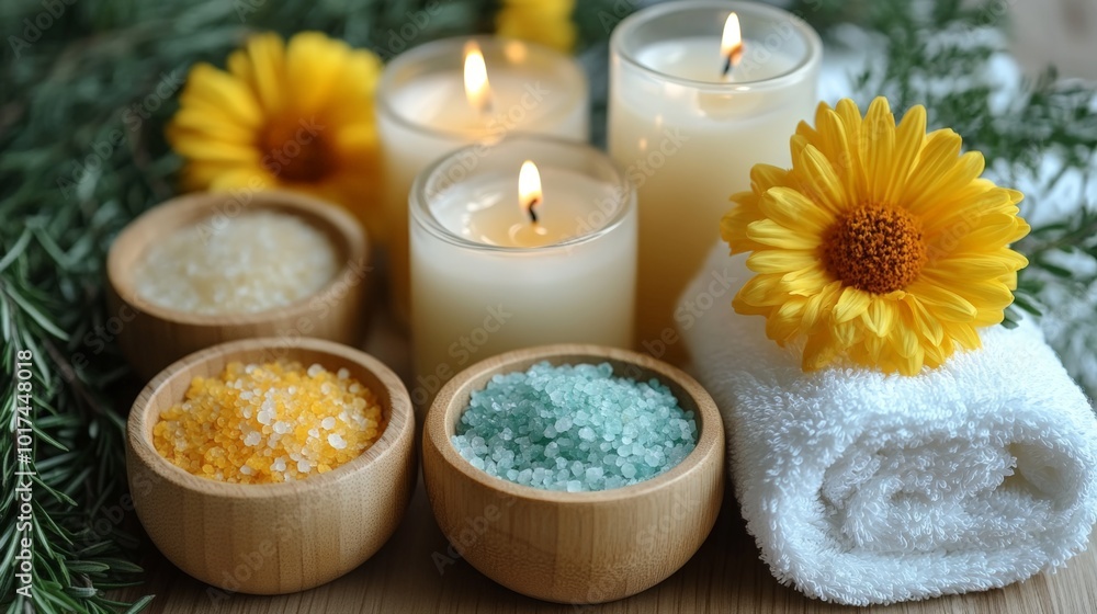 Serene Spa Setup with Towels and Candles Serene Spa Setup with Towels and Candles