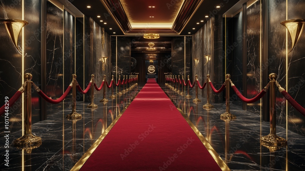 Grand red carpet hallway, flanked by shiny gold barriers and deep red velvet ropes, leading to a glamorous event Grand red carpet hallway, flanked by shiny gold barriers and deep red velvet ropes, leading to a glamorous event