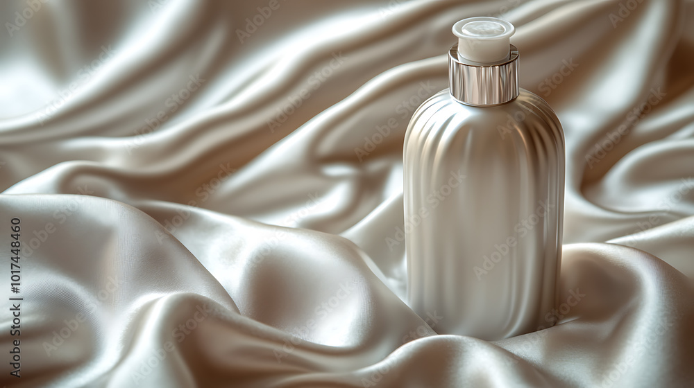 A silver bottle of lotion sits on a bed of luxurious white silk. A silver bottle of lotion sits on a bed of luxurious white silk.
