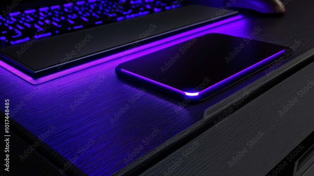 Sleek laptop with illuminated keyboard and tablet on black desk Sleek laptop with illuminated keyboard and tablet on black desk