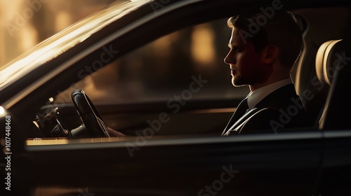 Confident driver dressed in formal attire, ready to drive a luxurious car photo