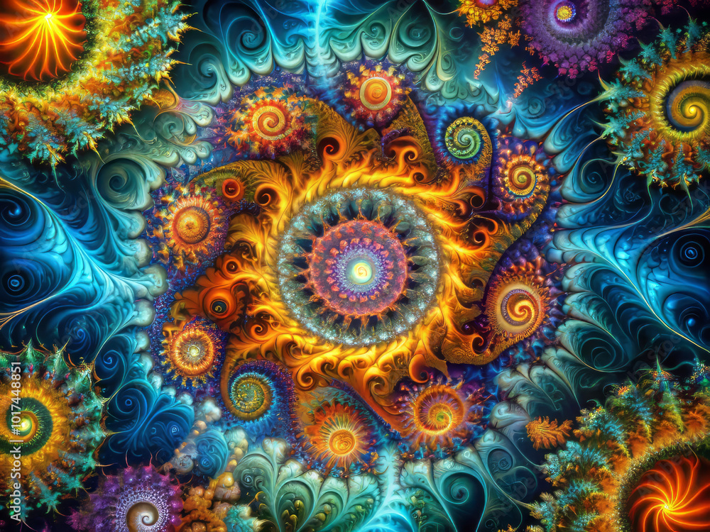 Vibrant abstract digital art featuring intricate fractal patterns in mesmerizing swirl of colors. design showcases harmonious blend of orange, blue, and green tones, evoking sense of wonder and Vibrant abstract digital art featuring intricate fractal patterns in mesmerizing swirl of colors. design showcases harmonious blend of orange, blue, and green tones, evoking sense of wonder and