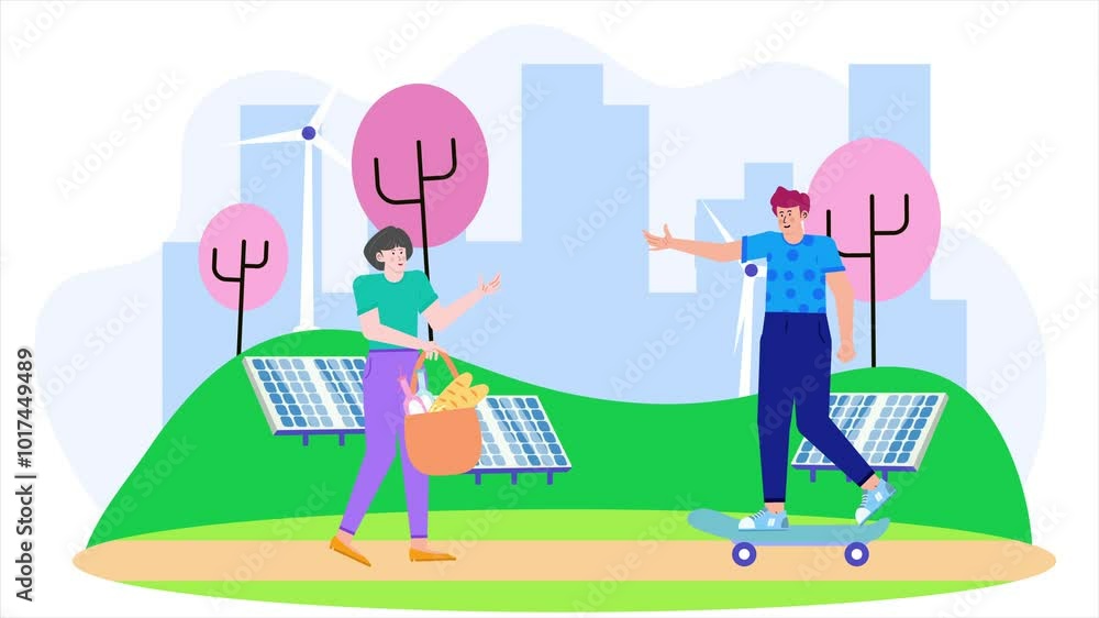 Illustration of two people in a modern park with solar panels and wind turbines, promoting eco-friendly living and sustainability animated video Illustration of two people in a modern park with solar panels and wind turbines, promoting eco-friendly living and sustainability animated video