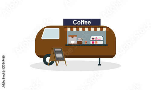 Mobile coffee shop in food truck vector illustration