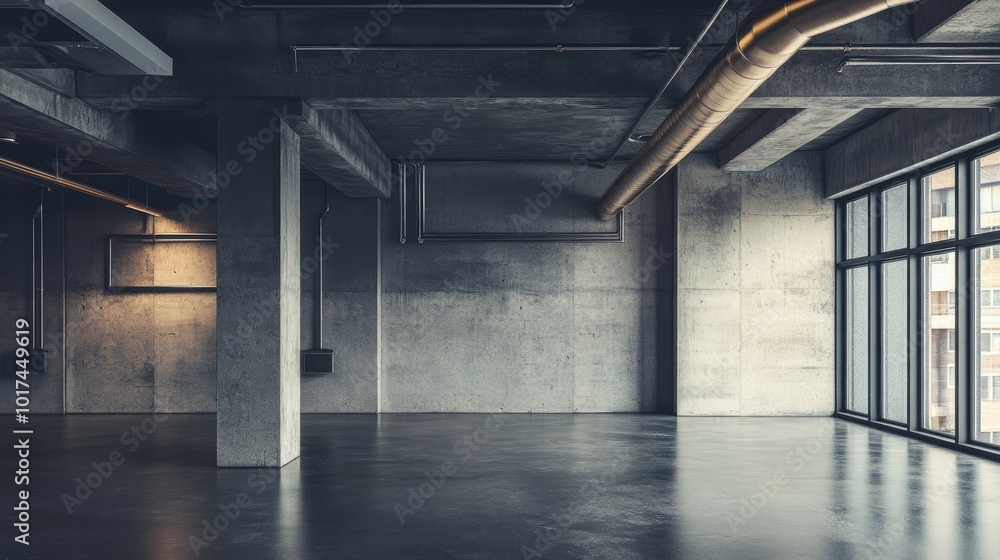 Naklejka premium Industrial Loft Room with Blank Concrete Wall and Modern Design