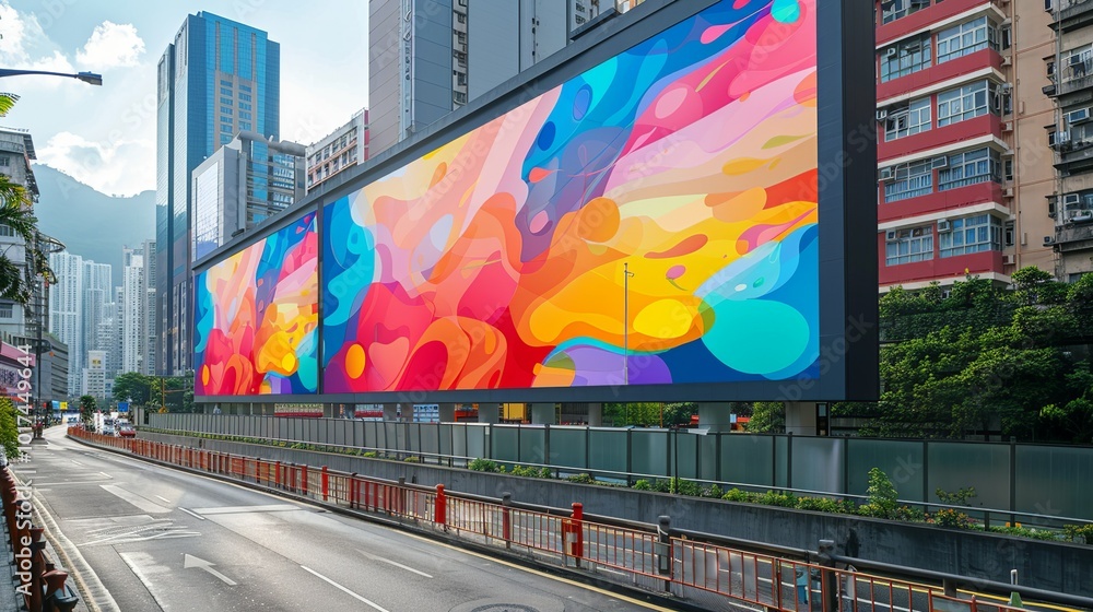 Fototapeta premium Modern digital billboard mockup displaying dynamic, high-resolution ads with vivid colors, set in a bustling city for showcasing digital marketing campaigns. High resolution Illustration, in the