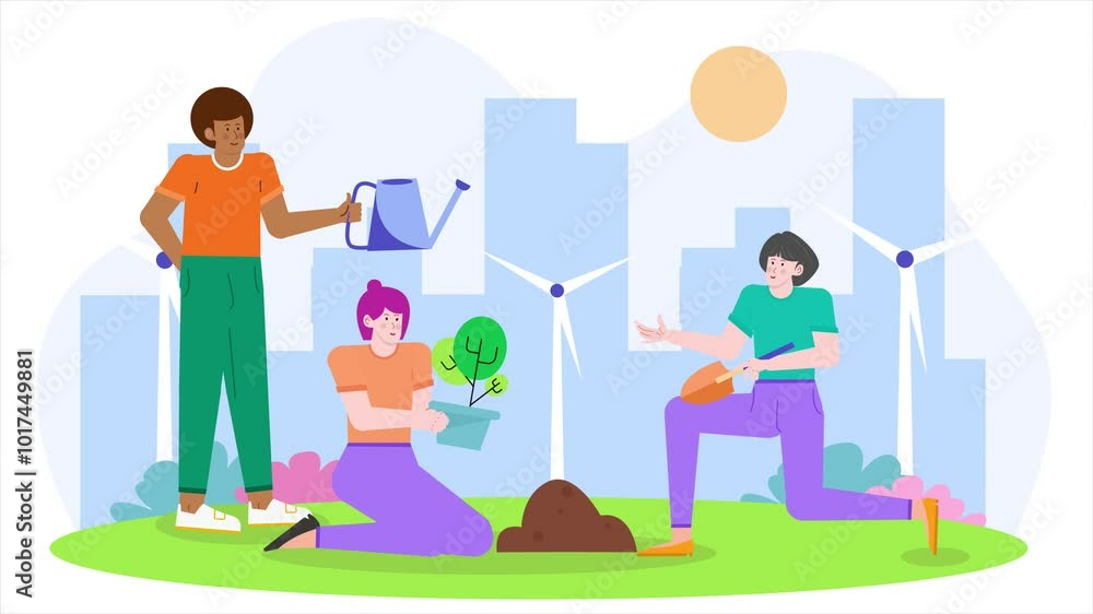 planting trees in an urban setting with wind turbines promoting sustainability and teamwork illustration animated video planting trees in an urban setting with wind turbines promoting sustainability and teamwork illustration animated video