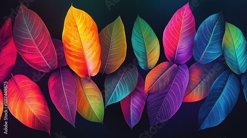 Wallpaper Mural Fluorescent tropical leaves in bold neon colors arranged in a flat lay design, with a gradient of colors on a dark background Torontodigital.ca