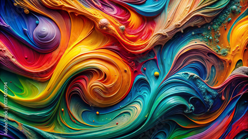 Vibrant layers of thick paint create mesmerizing abstract pattern, showcasing spectrum of colors swirling together in dynamic and energetic composition