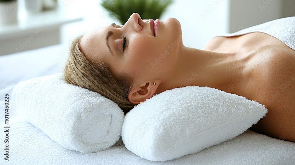 Relaxing Spa Scene with Woman on Soft Towels Relaxing Spa Scene with Woman on Soft Towels