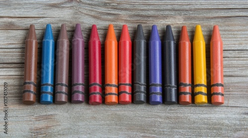 Bright Crayons in Rainbow Order on Wooden Table