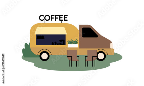 Mobile coffee shop in food truck vector illustration