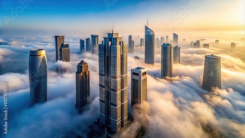 Aerial view of tall buildings covered in mist during morning