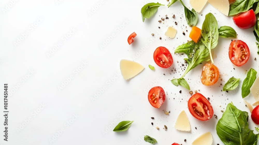 Fresh ingredients of tomatoes, cheese, and basil on white background Fresh ingredients of tomatoes, cheese, and basil on white background