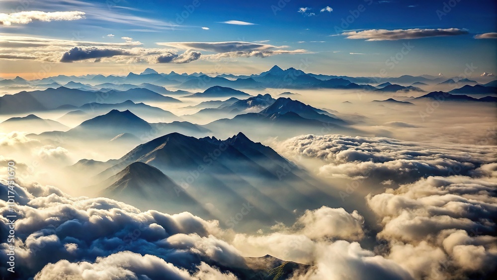 Obraz premium Aerial view of silhouetted clouds floating over tall mountains