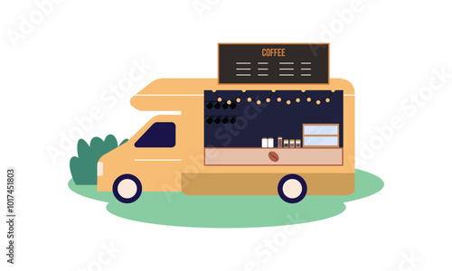 Mobile coffee shop in food truck vector illustration