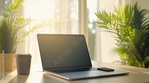 Laptop, Phone, and Coffee on Desk in Home Office with Sunlight Streaming In