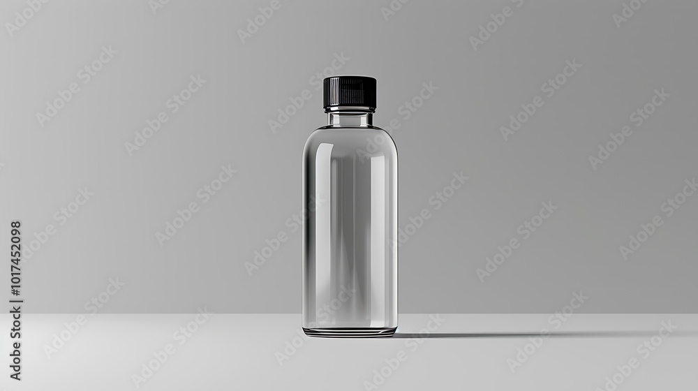 A clear glass bottle with a black lid sits on a white surface against a gray background. A clear glass bottle with a black lid sits on a white surface against a gray background.